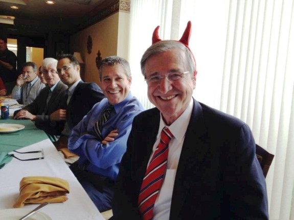 Uncle Peter wore his devil horns to dinner. The junior tempters to his left are, in order, Mark Hart, Ted Sri, Ralph Martin, and Patrick Madrid.