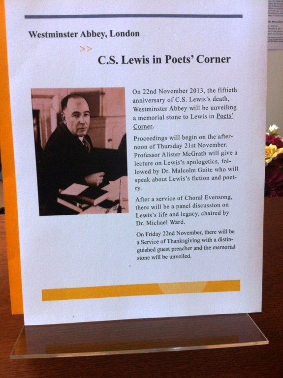 On November 22, 2013, the fiftieth anniversary of C.S. Lewis’s death, Westminster Abbey will be unveiling a memorial stone to Lewis in Poets’ Corner. A two-day conference and a thanksgiving service will be part of the memorial project. Learn more here: http://bvogt.us/1a81P5c.