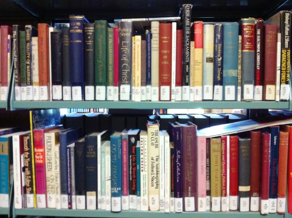 Fulton Sheen section in Scott Hahn's library, including many first editions.