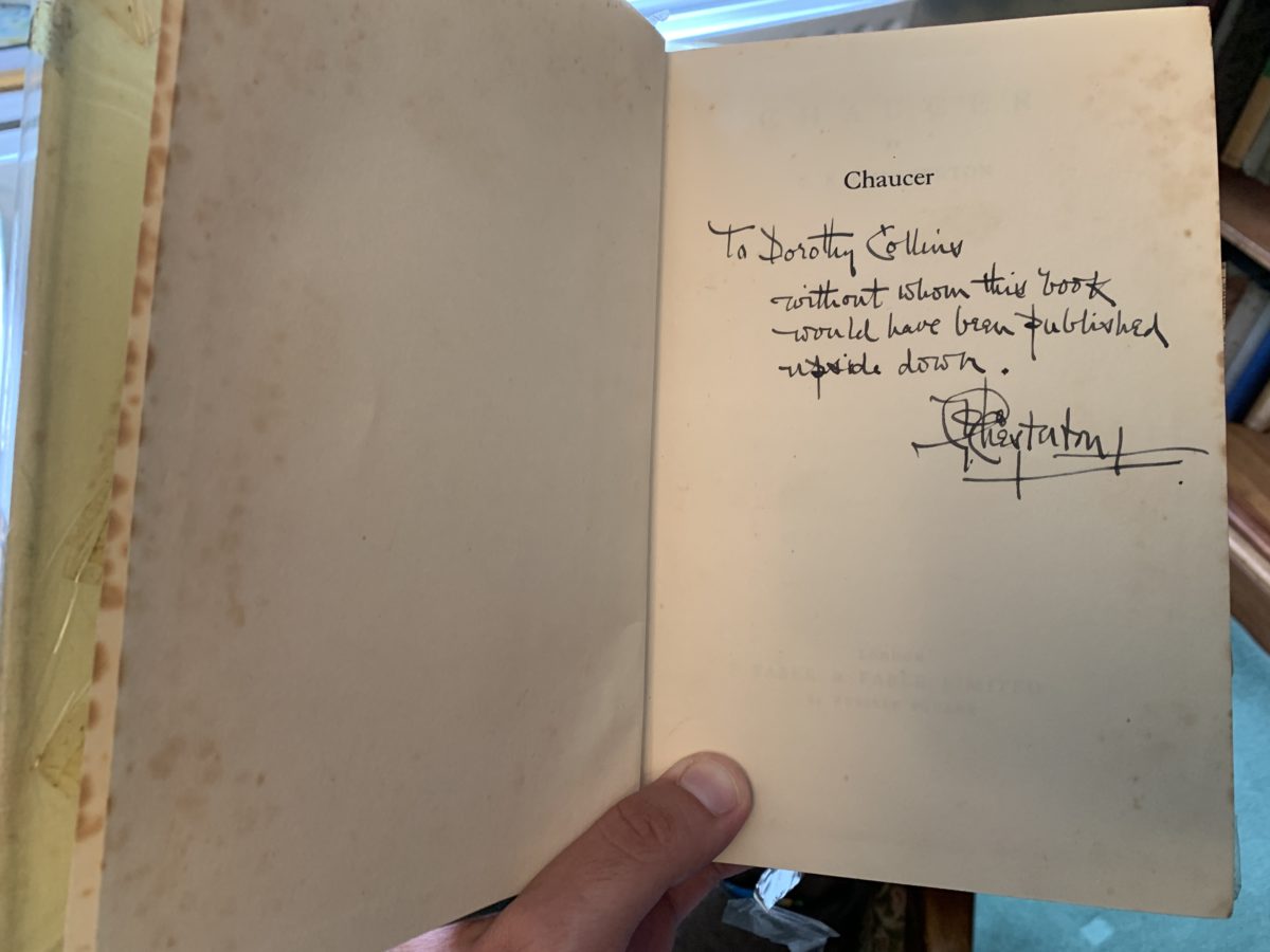 G.K. Chesterton's inscription to Dorothy Collins, in his book "Chaucer"