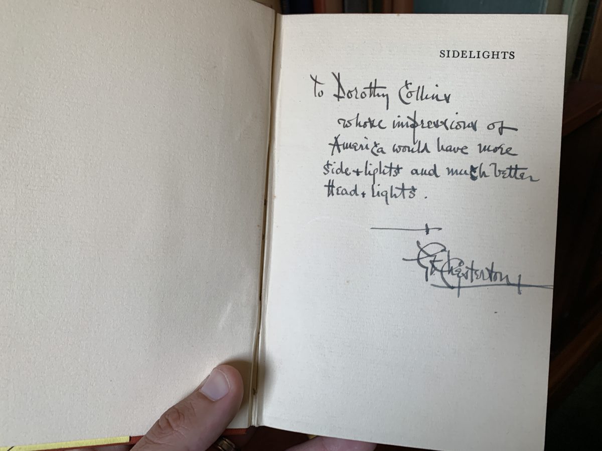 G.K. Chesterton's inscription to Dorothy Collins, in his book "Sidelights"