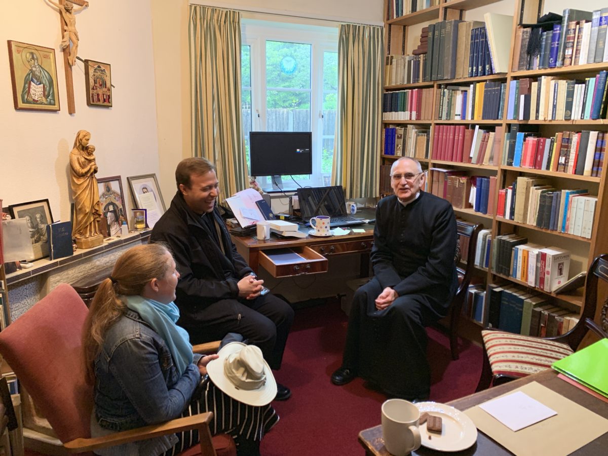 Chatting with Fr. John Saward inside his study