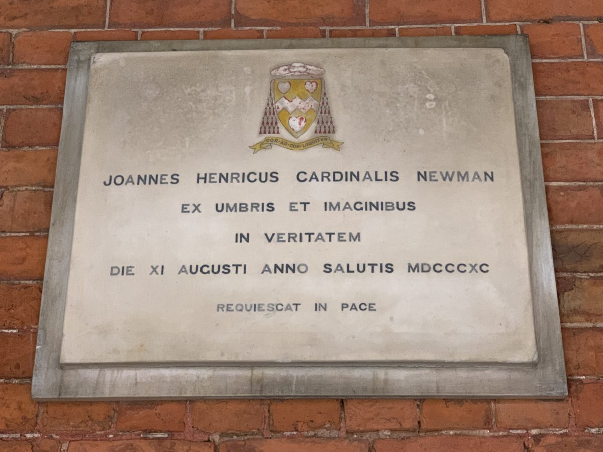 Gravestone for John Henry Newman. His body was exhumed in 2008 as part of his beatification proceedings. 