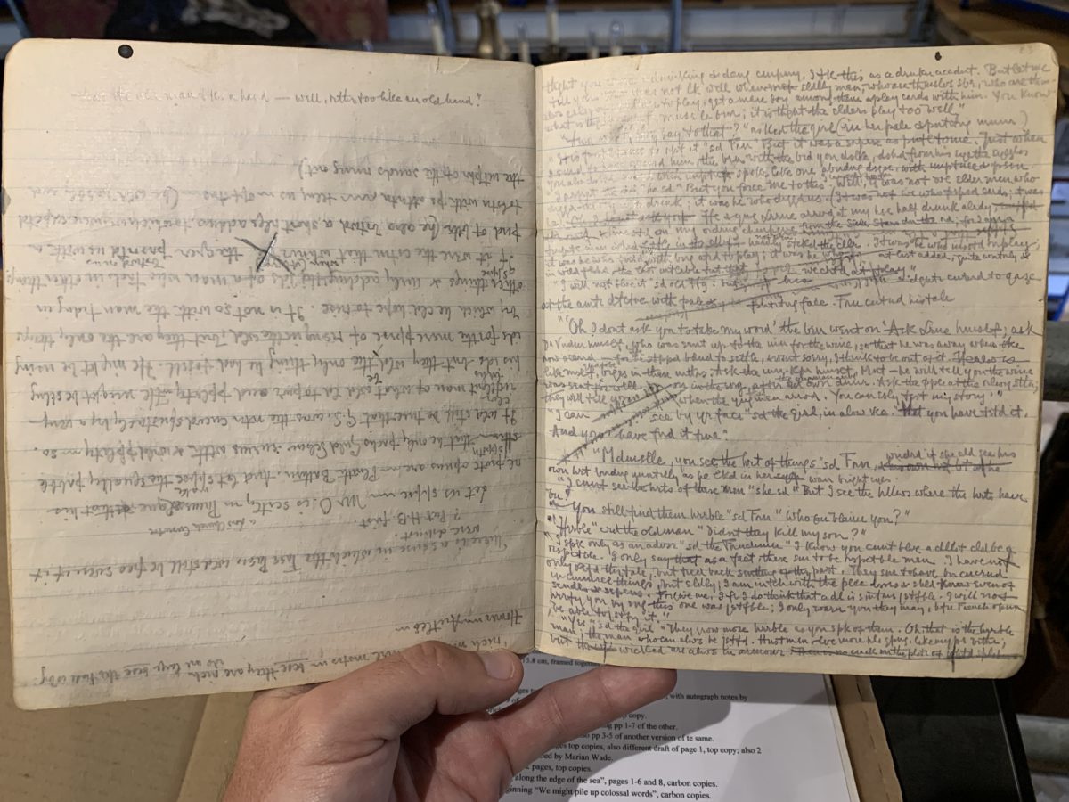 More pages from the draft of "The Five of Swords" in Chesterton's notebook. Note how after finishing the notebook, he flipped it upside down and kept going on the backs of the pages!